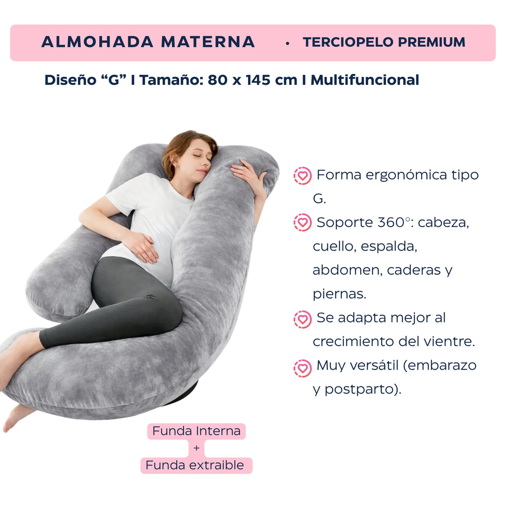 Almohada para Embarazada Diseño G 360° XL 80x145 cm – Soporte Completo en Terciopelo Premium